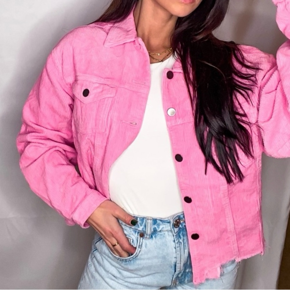 POL Pink Corduroy Button Blazer Raw Hem